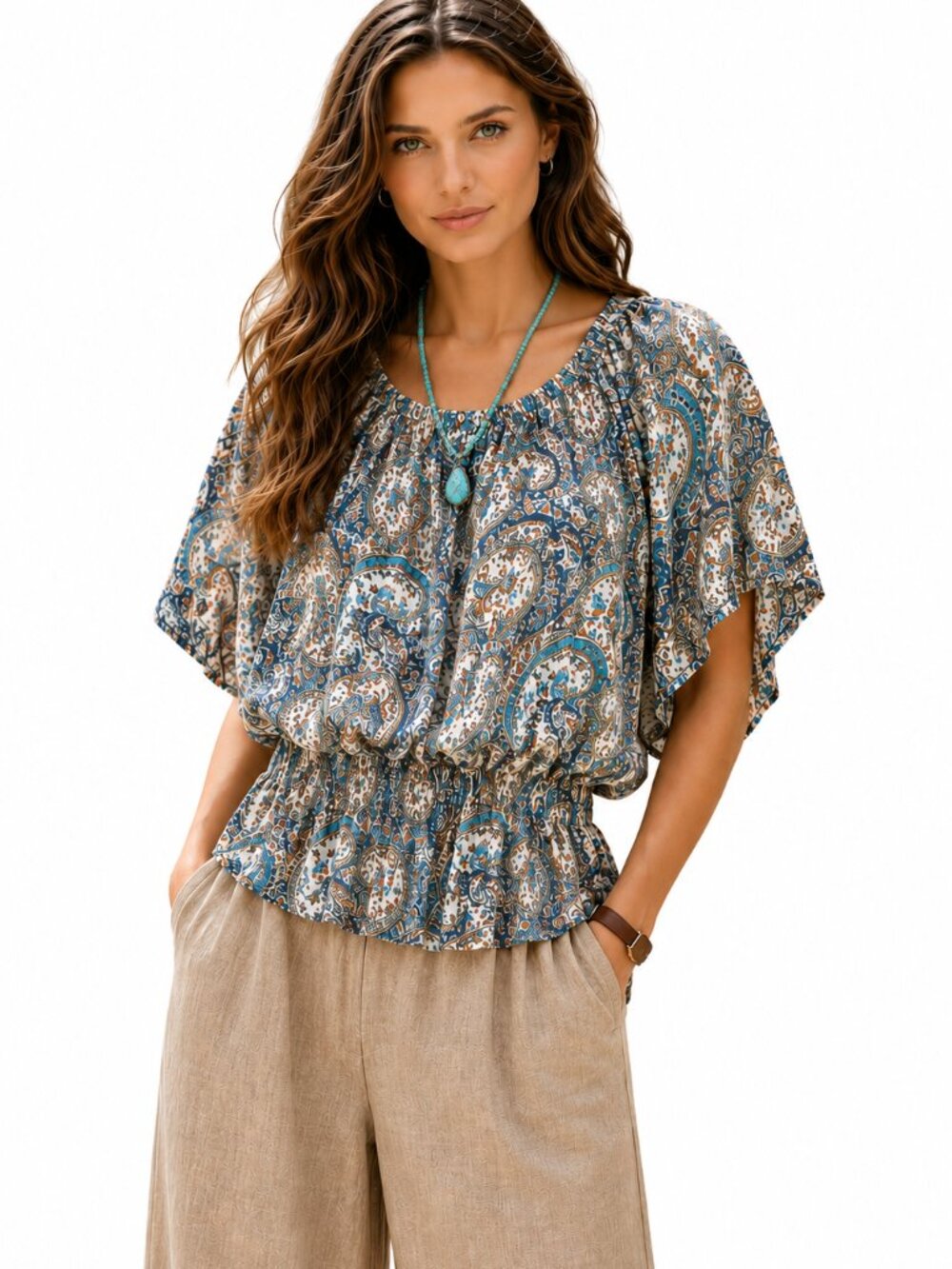 Sheer paisley blouse, w. flutter sleeves and elasticized waist, Denver Hayes